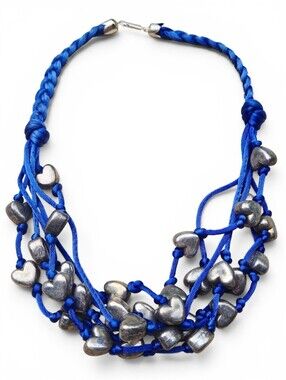 Heart Layered Silver Chunky Beads - Blue Nylin Knotted Necklace Handmade Vintage